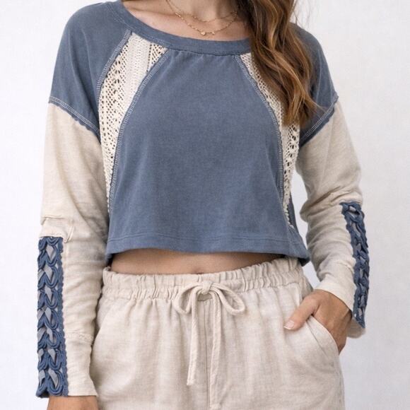 Boutique Tops - Boho Lace Crochet Raglan Crop Top Blue Cream Western Festival Free People Style